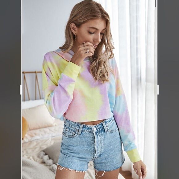 27. Tie Dye Crop Pullover Hoodie Pink, Purple, Yellow - Picture 1 of 3